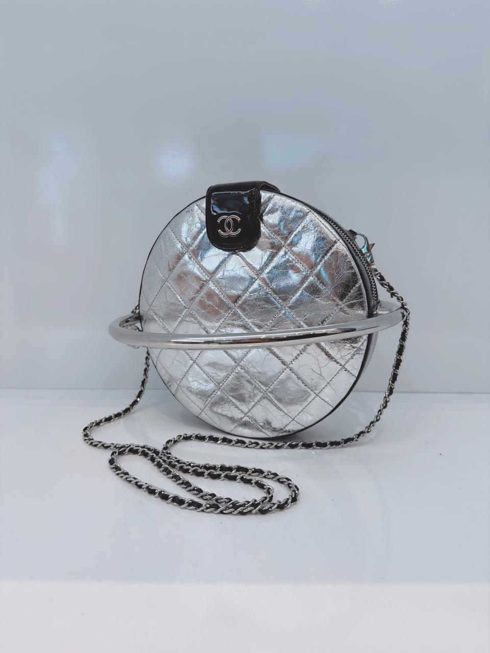 SILVER METALLIC AGED CALFSKIN PATENT PLANET MINAUDIERE SHOULDER BAG