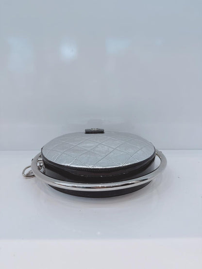 SILVER METALLIC AGED CALFSKIN PATENT PLANET MINAUDIERE SHOULDER BAG