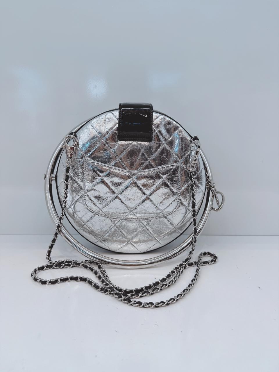 SILVER METALLIC AGED CALFSKIN PATENT PLANET MINAUDIERE SHOULDER BAG