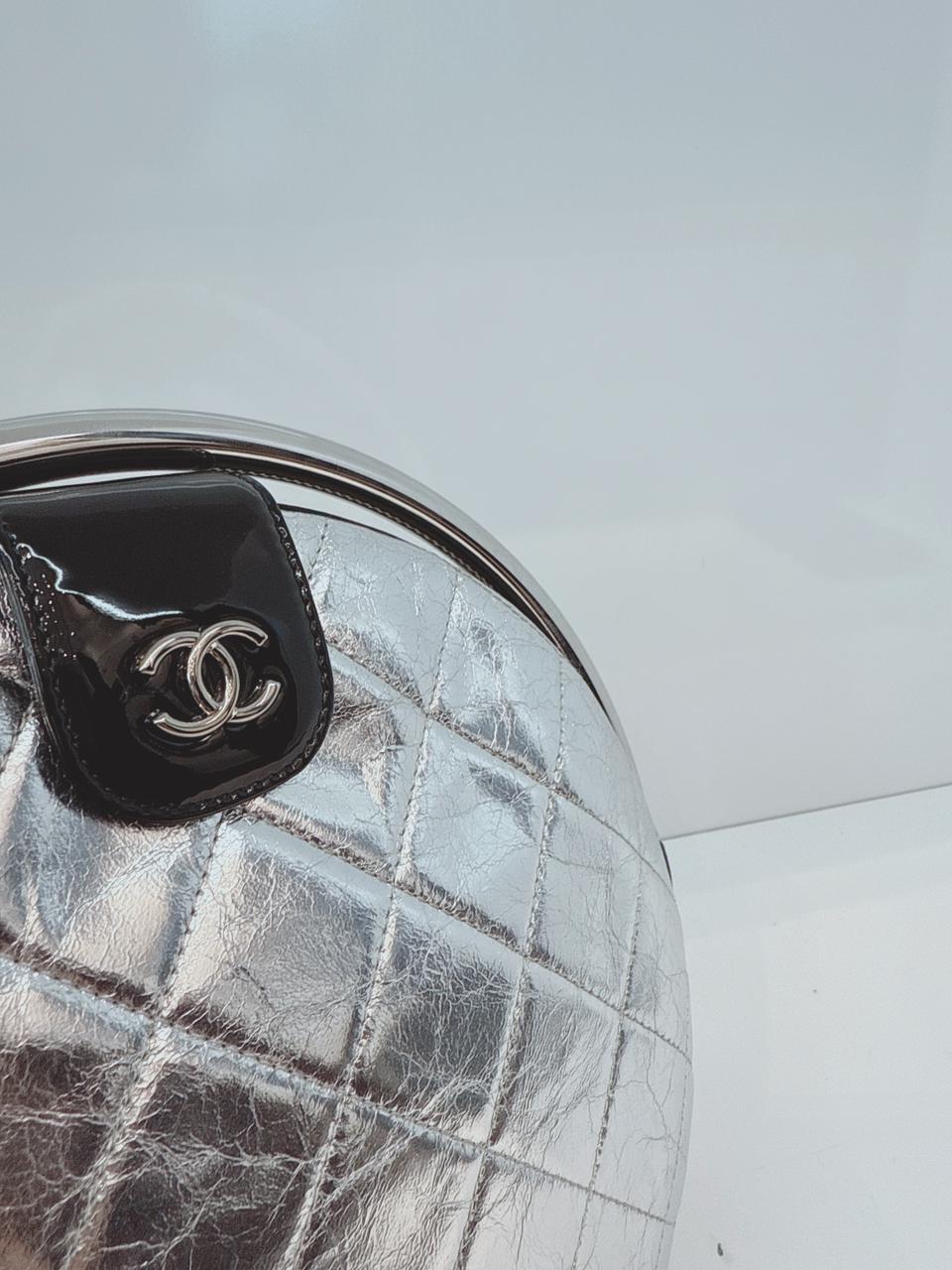 SILVER METALLIC AGED CALFSKIN PATENT PLANET MINAUDIERE SHOULDER BAG