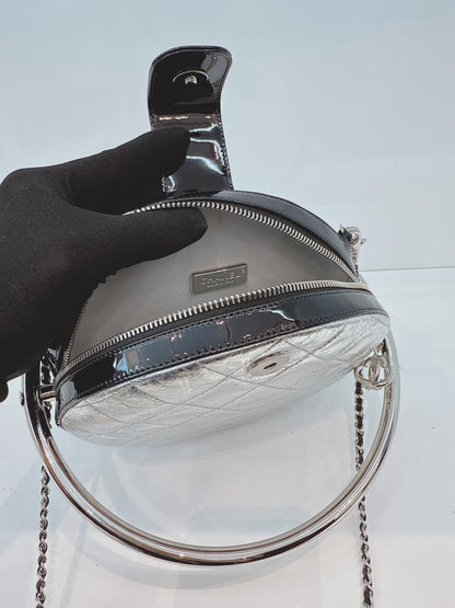 SILVER METALLIC AGED CALFSKIN PATENT PLANET MINAUDIERE SHOULDER BAG