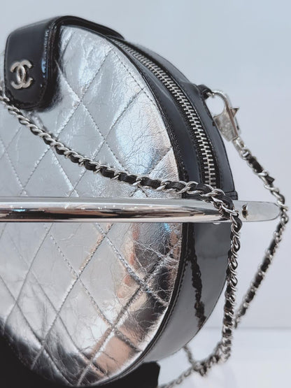 SILVER METALLIC AGED CALFSKIN PATENT PLANET MINAUDIERE SHOULDER BAG