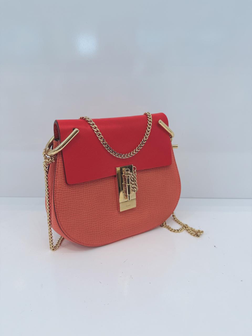 RED ORANGE LEATHER SMALL DREW SHOULDER BAG