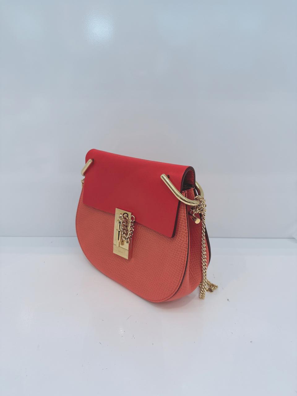 RED ORANGE LEATHER SMALL DREW SHOULDER BAG