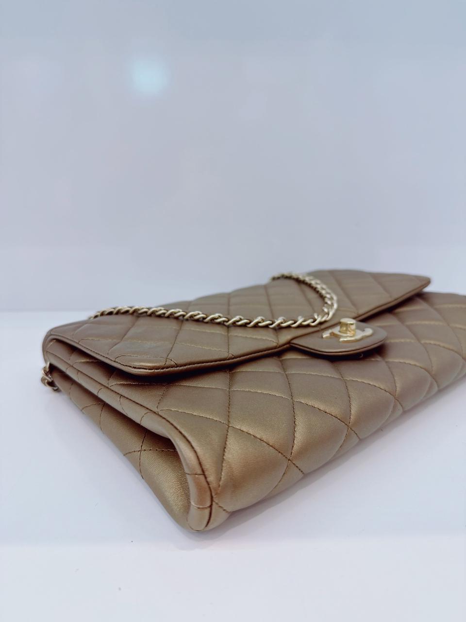 GOLD QUILTED LAMBSKIN LEATHER CHAIN FLAP BAG
