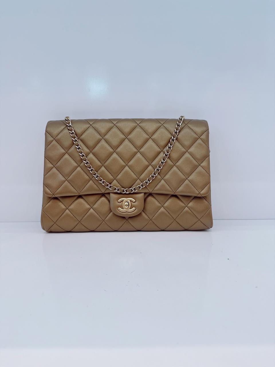 GOLD QUILTED LAMBSKIN LEATHER CHAIN FLAP BAG