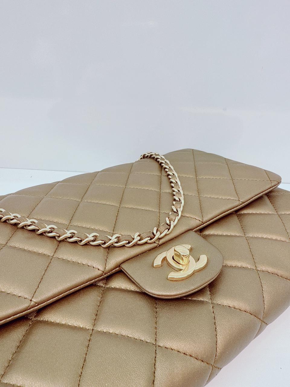 GOLD QUILTED LAMBSKIN LEATHER CHAIN FLAP BAG