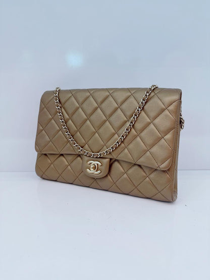 GOLD QUILTED LAMBSKIN LEATHER CHAIN FLAP BAG