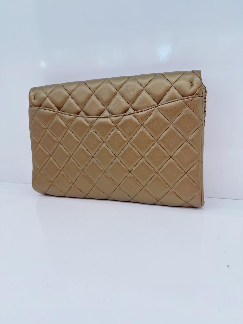 GOLD QUILTED LAMBSKIN LEATHER CHAIN FLAP BAG