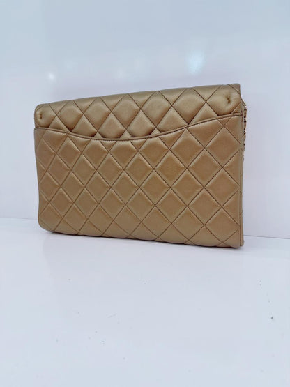 GOLD QUILTED LAMBSKIN LEATHER CHAIN FLAP BAG