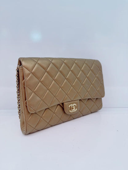 GOLD QUILTED LAMBSKIN LEATHER CHAIN FLAP BAG