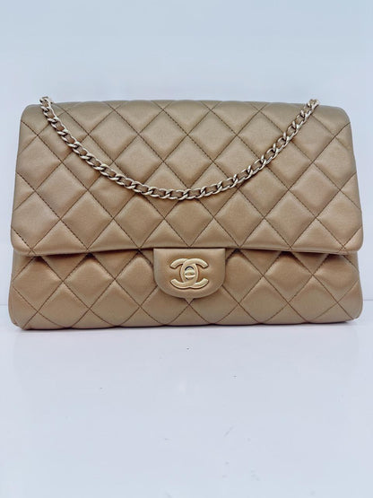 GOLD QUILTED LAMBSKIN LEATHER CHAIN FLAP BAG