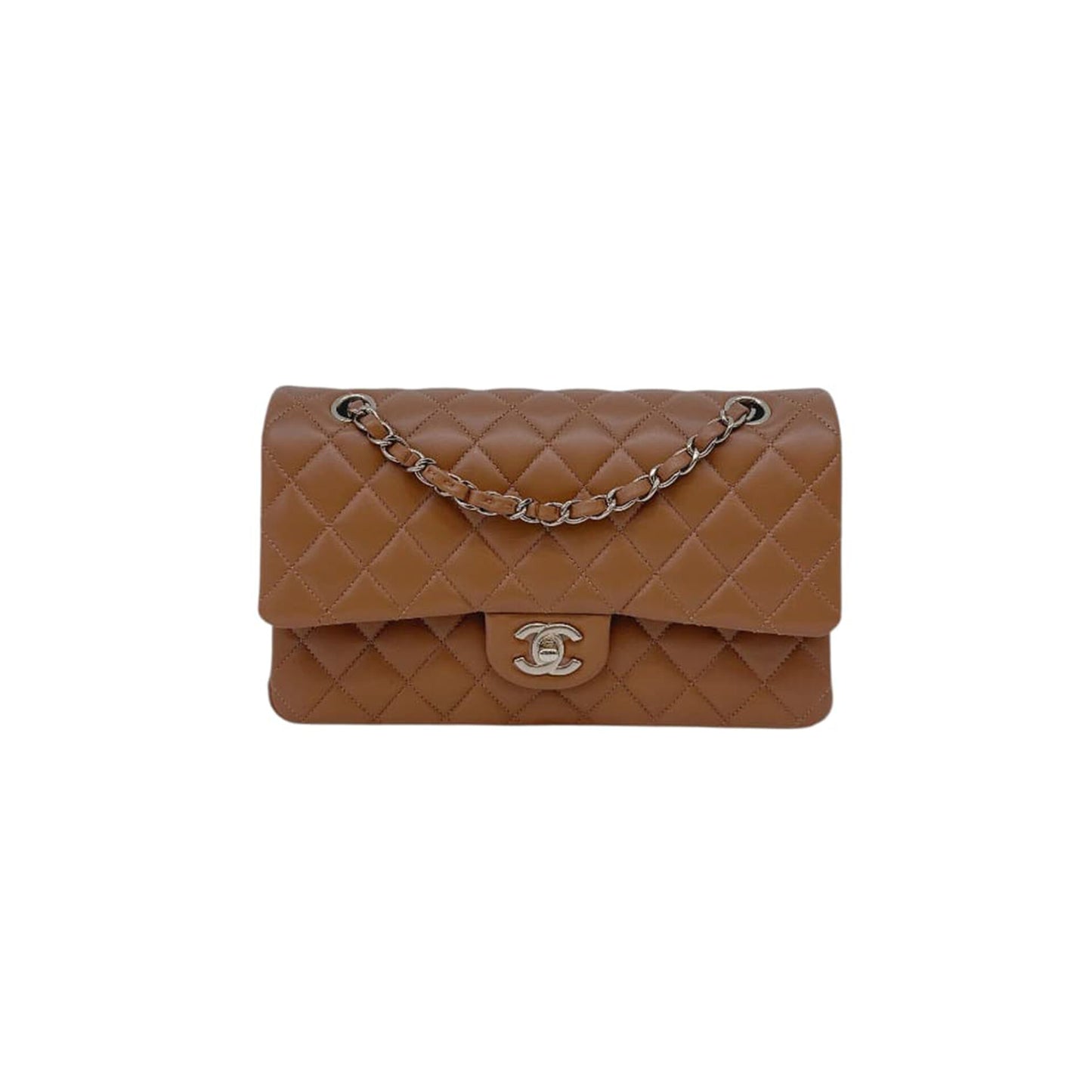CAMEL QUILTED LAMBSKIN LEATHER MEDIUM CLASSIC DOUBLE FLAP BAG
