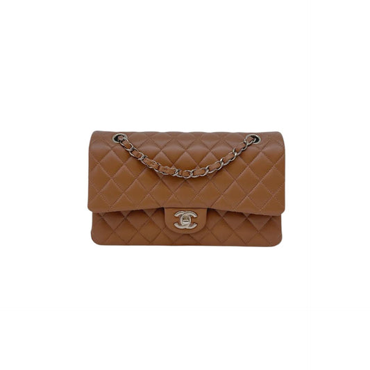 CAMEL QUILTED LAMBSKIN LEATHER MEDIUM CLASSIC DOUBLE FLAP BAG