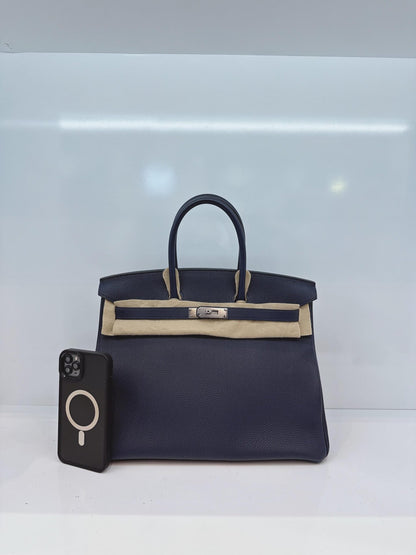 BIRKIN 35 BLEU NUIT/ORANGE POPPY TOGO LEATHER PALLADIUM HARDWARE