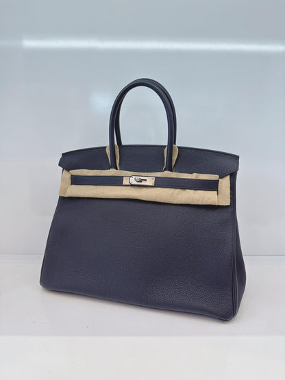 BIRKIN 35 BLEU NUIT/ORANGE POPPY TOGO LEATHER PALLADIUM HARDWARE