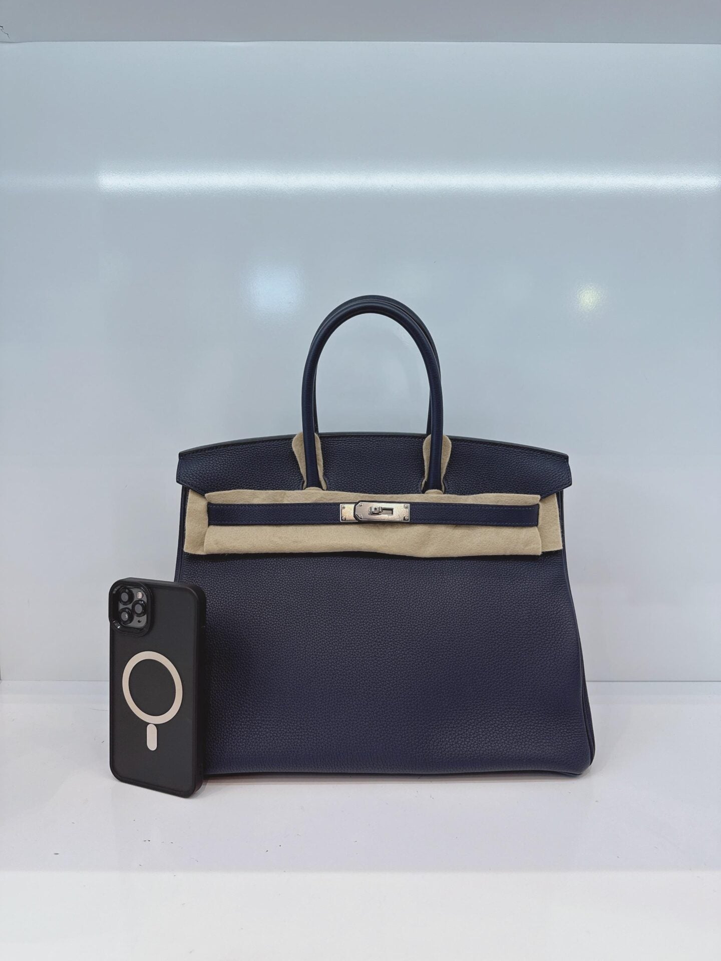 BIRKIN 35 BLEU NUIT/ORANGE POPPY TOGO LEATHER PALLADIUM HARDWARE