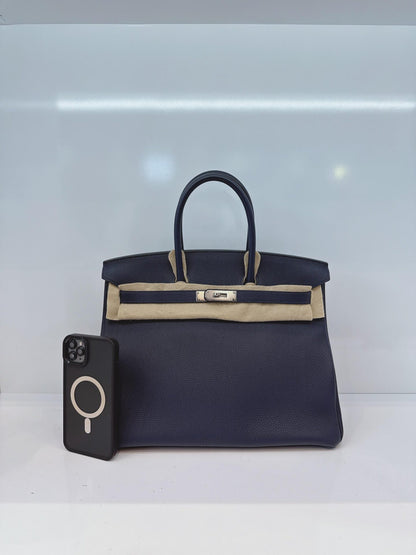 BIRKIN 35 BLEU NUIT/ORANGE POPPY TOGO LEATHER PALLADIUM HARDWARE