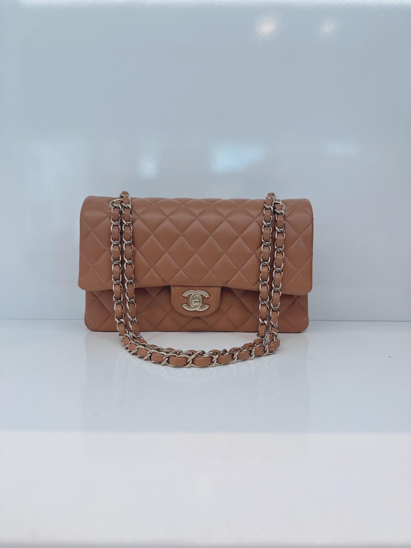 CAMEL QUILTED LAMBSKIN LEATHER MEDIUM CLASSIC DOUBLE FLAP BAG