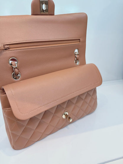 CAMEL QUILTED LAMBSKIN LEATHER MEDIUM CLASSIC DOUBLE FLAP BAG