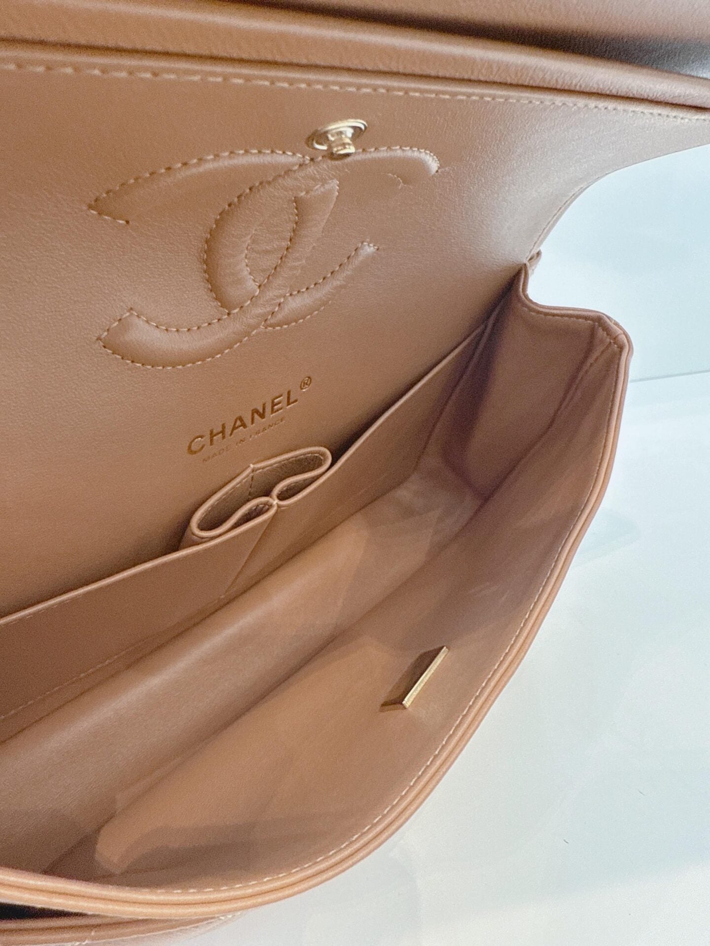 CAMEL QUILTED LAMBSKIN LEATHER MEDIUM CLASSIC DOUBLE FLAP BAG