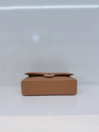 CAMEL QUILTED LAMBSKIN LEATHER MEDIUM CLASSIC DOUBLE FLAP BAG