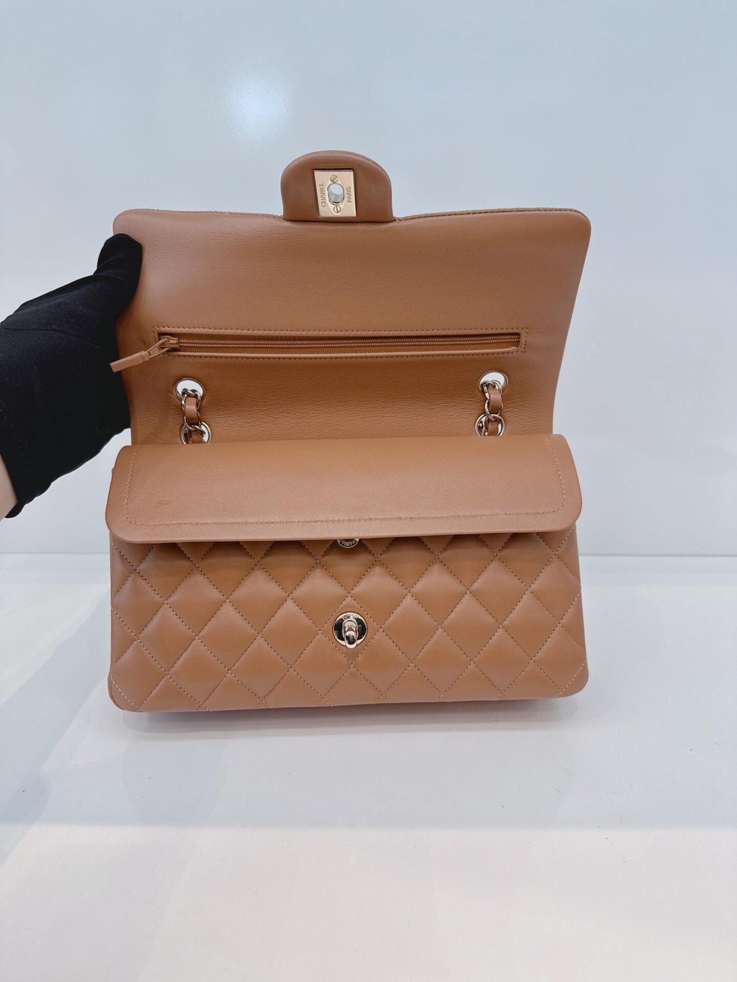 CAMEL QUILTED LAMBSKIN LEATHER MEDIUM CLASSIC DOUBLE FLAP BAG