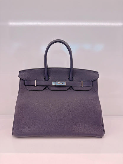 BIRKIN 35 BLEU NUIT/ORANGE POPPY TOGO LEATHER PALLADIUM HARDWARE