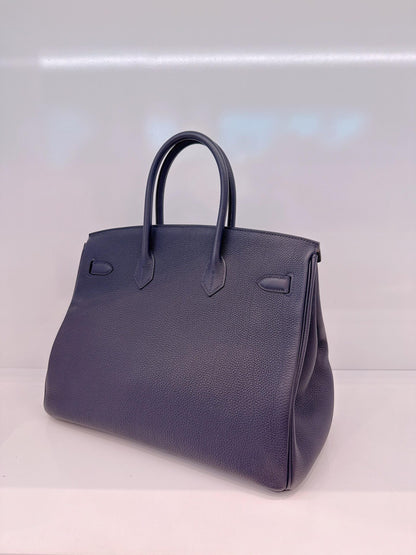 BIRKIN 35 BLEU NUIT/ORANGE POPPY TOGO LEATHER PALLADIUM HARDWARE