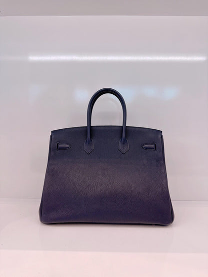 BIRKIN 35 BLEU NUIT/ORANGE POPPY TOGO LEATHER PALLADIUM HARDWARE