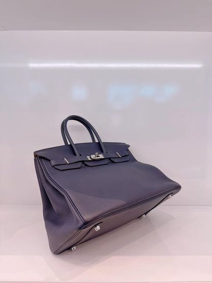 BIRKIN 35 BLEU NUIT/ORANGE POPPY TOGO LEATHER PALLADIUM HARDWARE