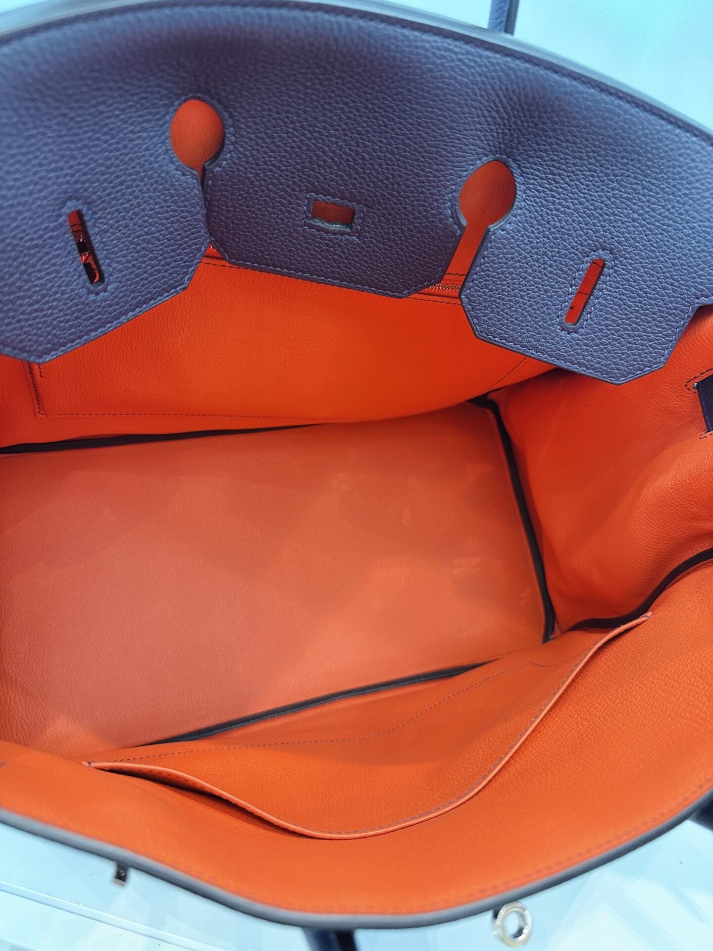 BIRKIN 35 BLEU NUIT/ORANGE POPPY TOGO LEATHER PALLADIUM HARDWARE
