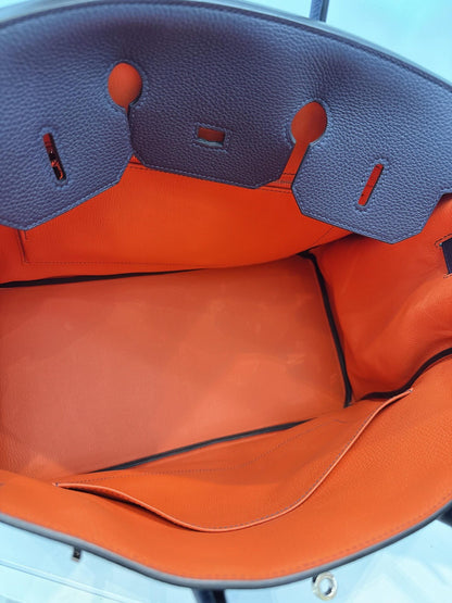 BIRKIN 35 BLEU NUIT/ORANGE POPPY TOGO LEATHER PALLADIUM HARDWARE