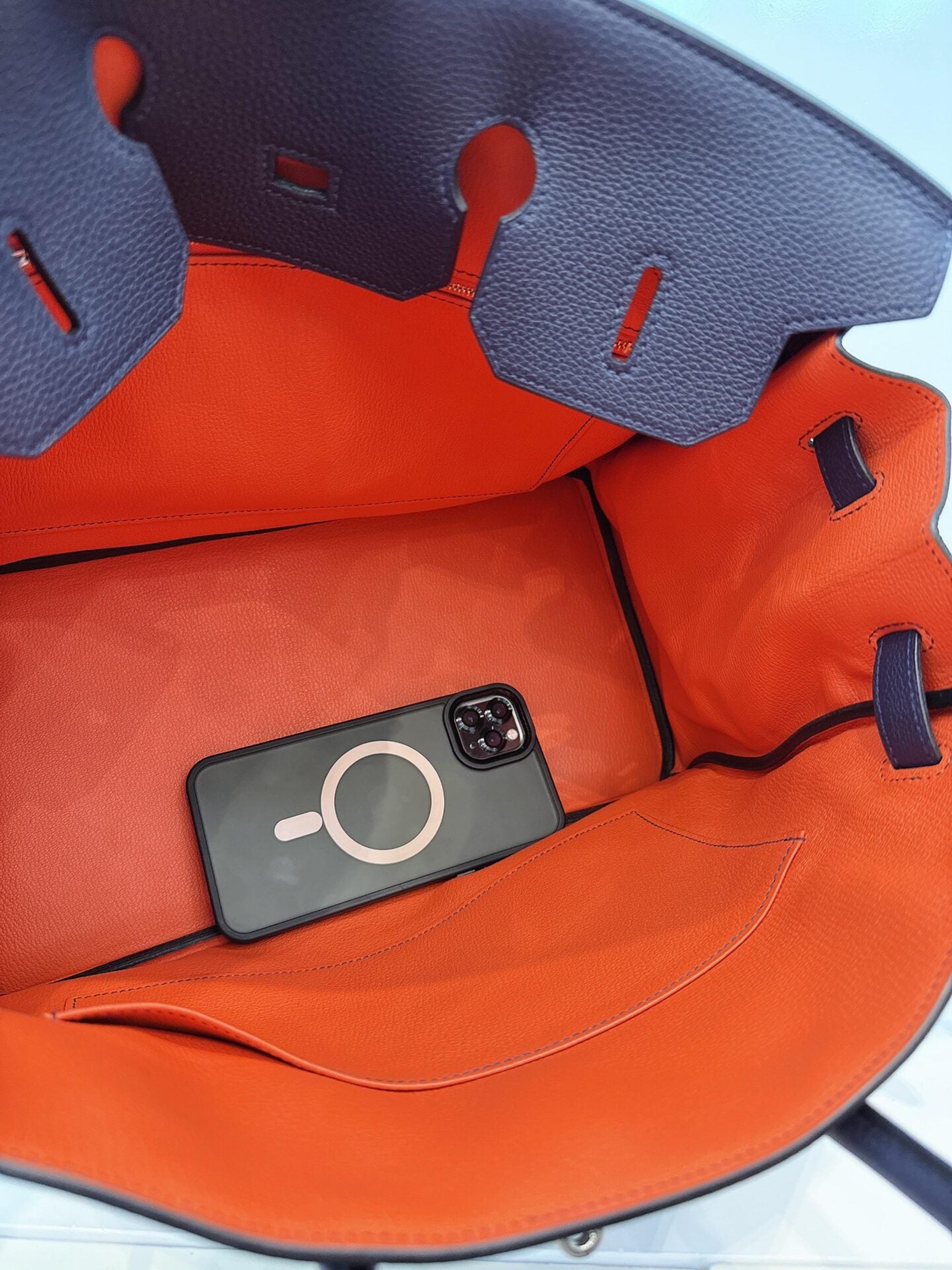 BIRKIN 35 BLEU NUIT/ORANGE POPPY TOGO LEATHER PALLADIUM HARDWARE