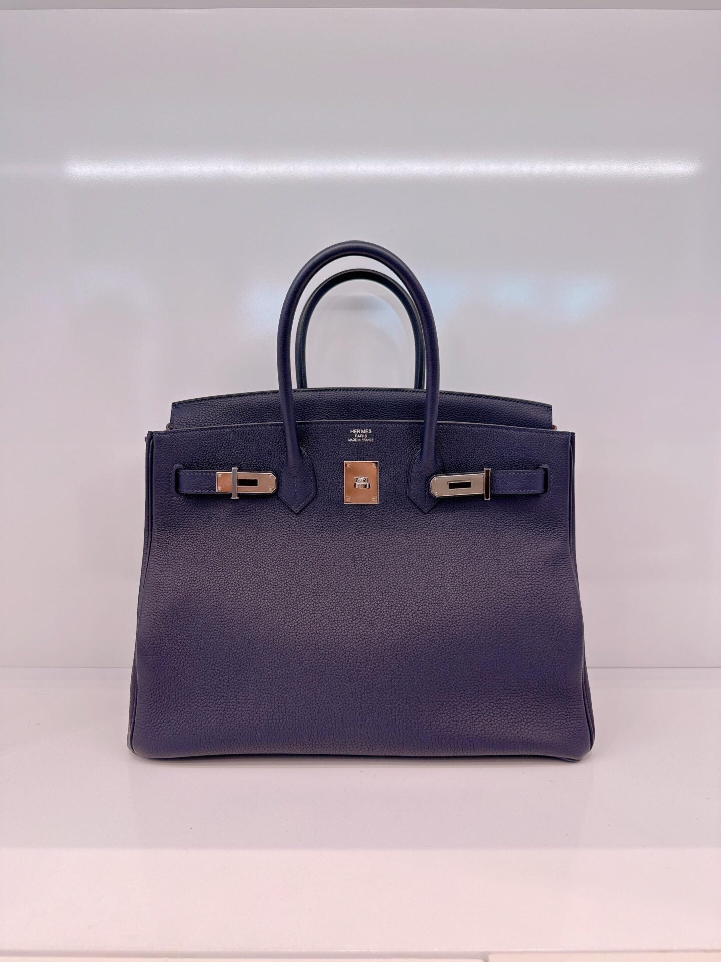 BIRKIN 35 BLEU NUIT/ORANGE POPPY TOGO LEATHER PALLADIUM HARDWARE