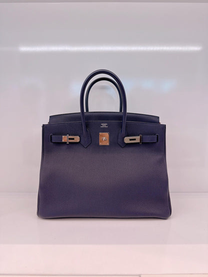 BIRKIN 35 BLEU NUIT/ORANGE POPPY TOGO LEATHER PALLADIUM HARDWARE