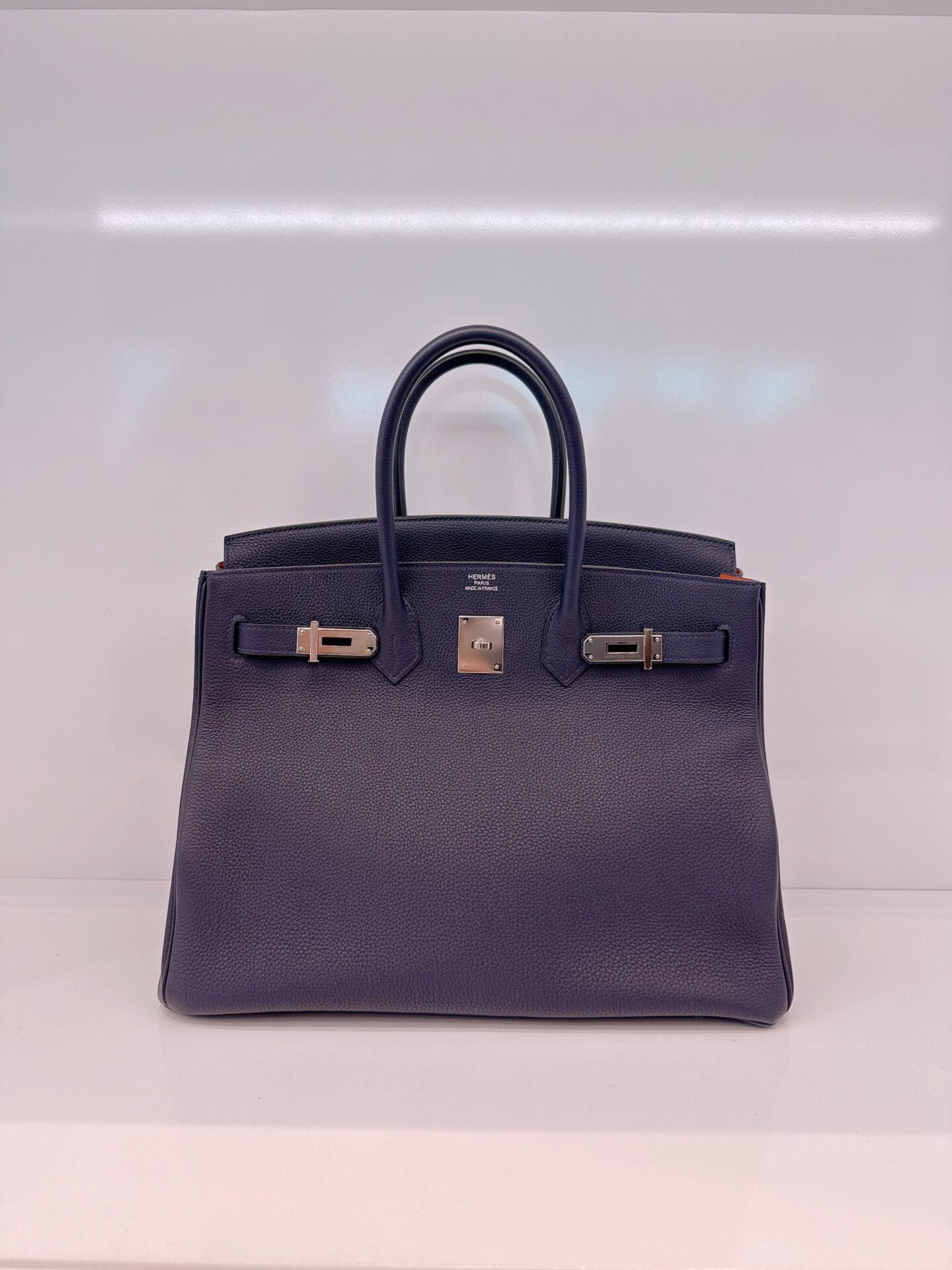 BIRKIN 35 BLEU NUIT/ORANGE POPPY TOGO LEATHER PALLADIUM HARDWARE
