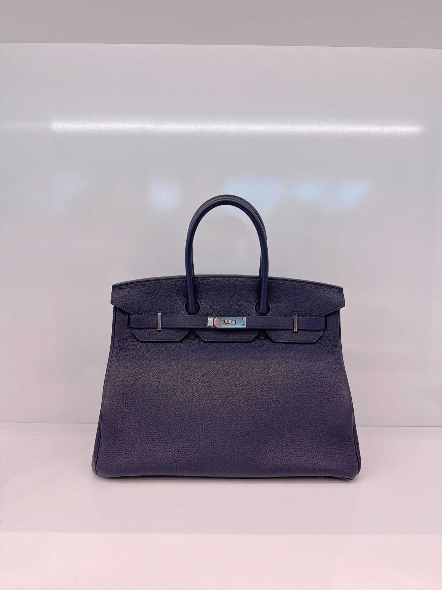 BIRKIN 35 BLEU NUIT/ORANGE POPPY TOGO LEATHER PALLADIUM HARDWARE