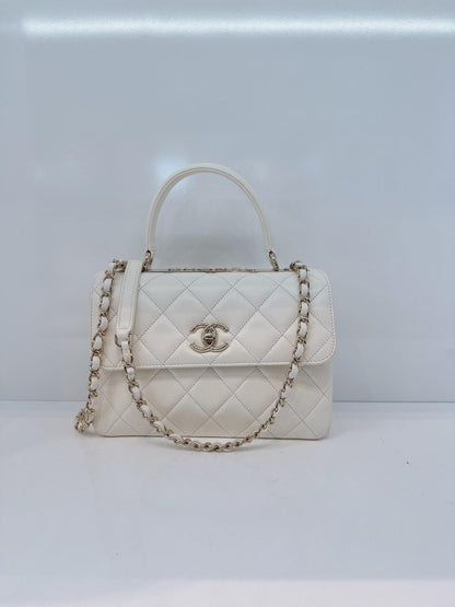 WHITE LAMBSKIN LEATHER SMALL TRENDY CC TOP HANDLE BAG