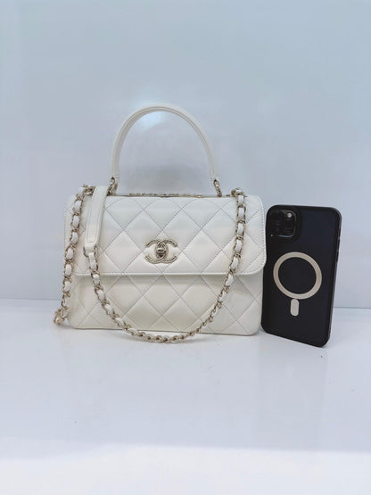 WHITE LAMBSKIN LEATHER SMALL TRENDY CC TOP HANDLE BAG