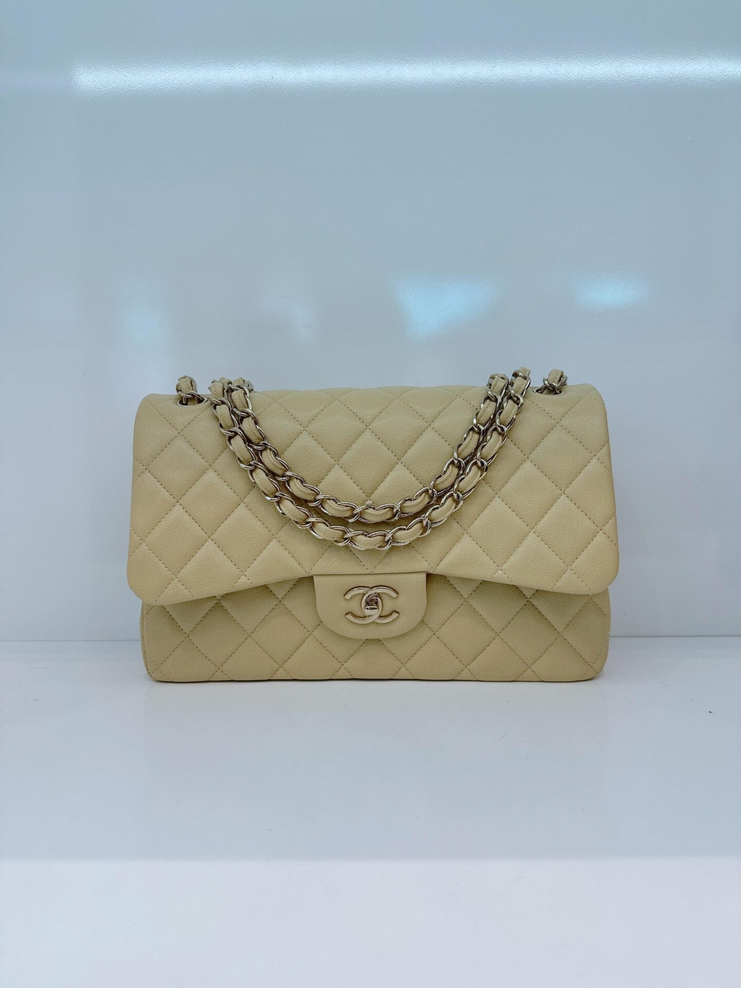 LIGHT GREEN QUILTED CAVIAR LEATHER LARGE CLASSIC DOUBLE FLAP HANDBAG