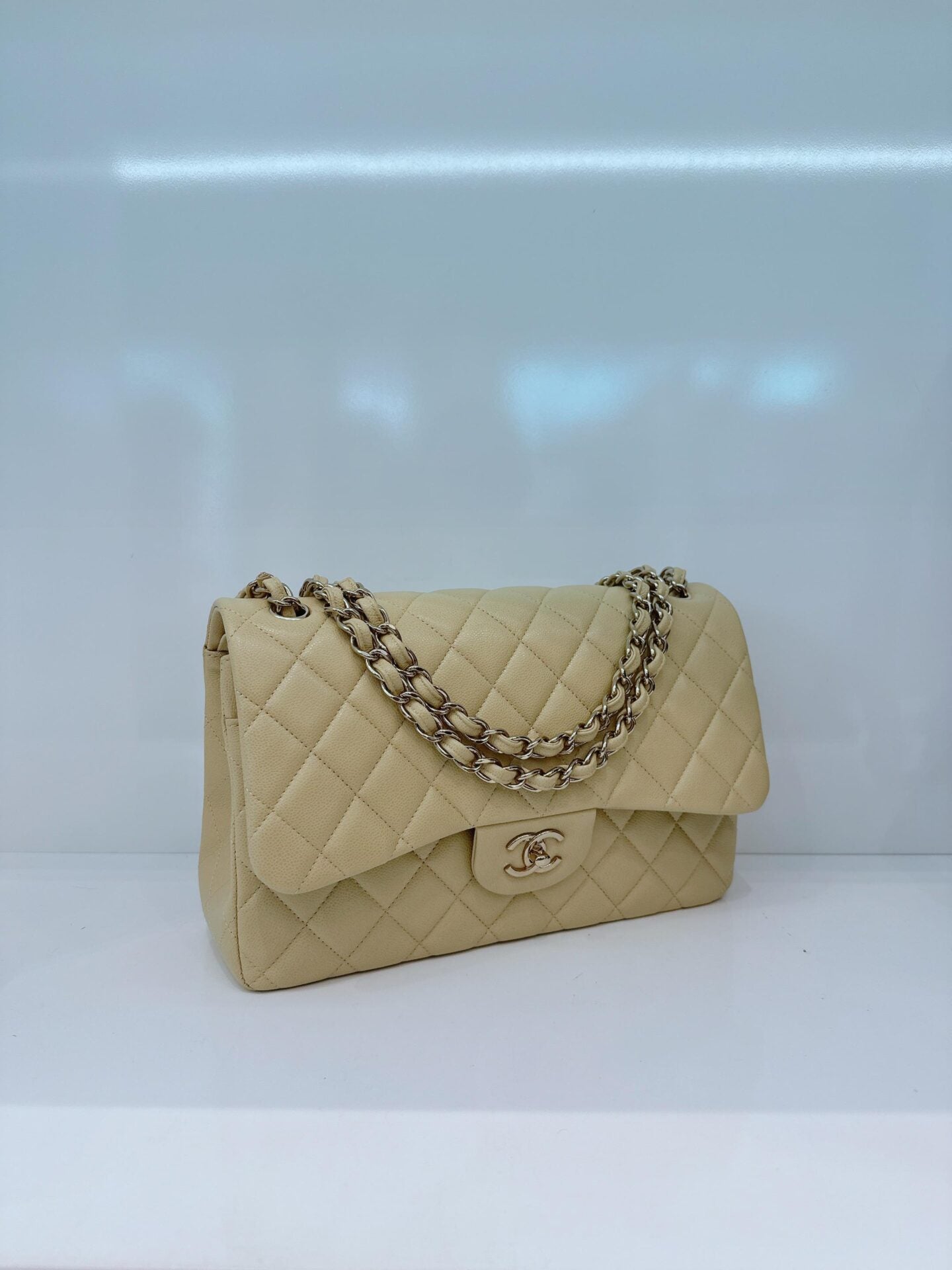 LIGHT GREEN QUILTED CAVIAR LEATHER LARGE CLASSIC DOUBLE FLAP HANDBAG