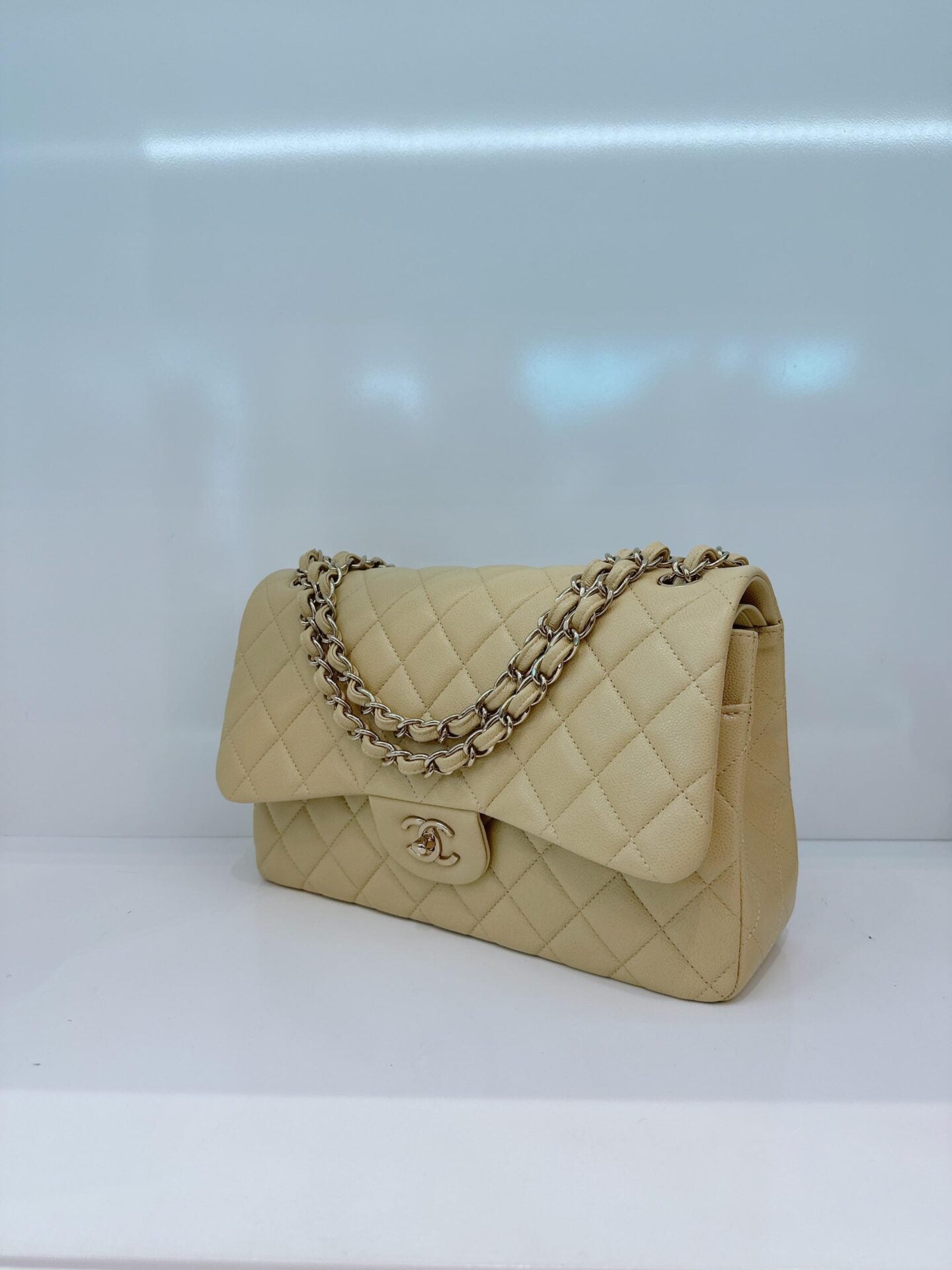 LIGHT GREEN QUILTED CAVIAR LEATHER LARGE CLASSIC DOUBLE FLAP HANDBAG
