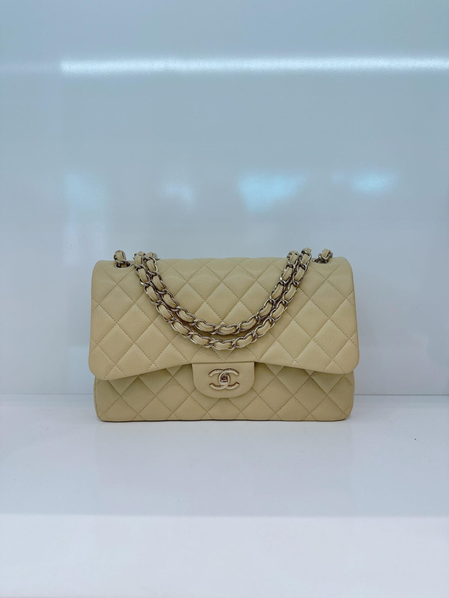 LIGHT GREEN QUILTED CAVIAR LEATHER LARGE CLASSIC DOUBLE FLAP HANDBAG