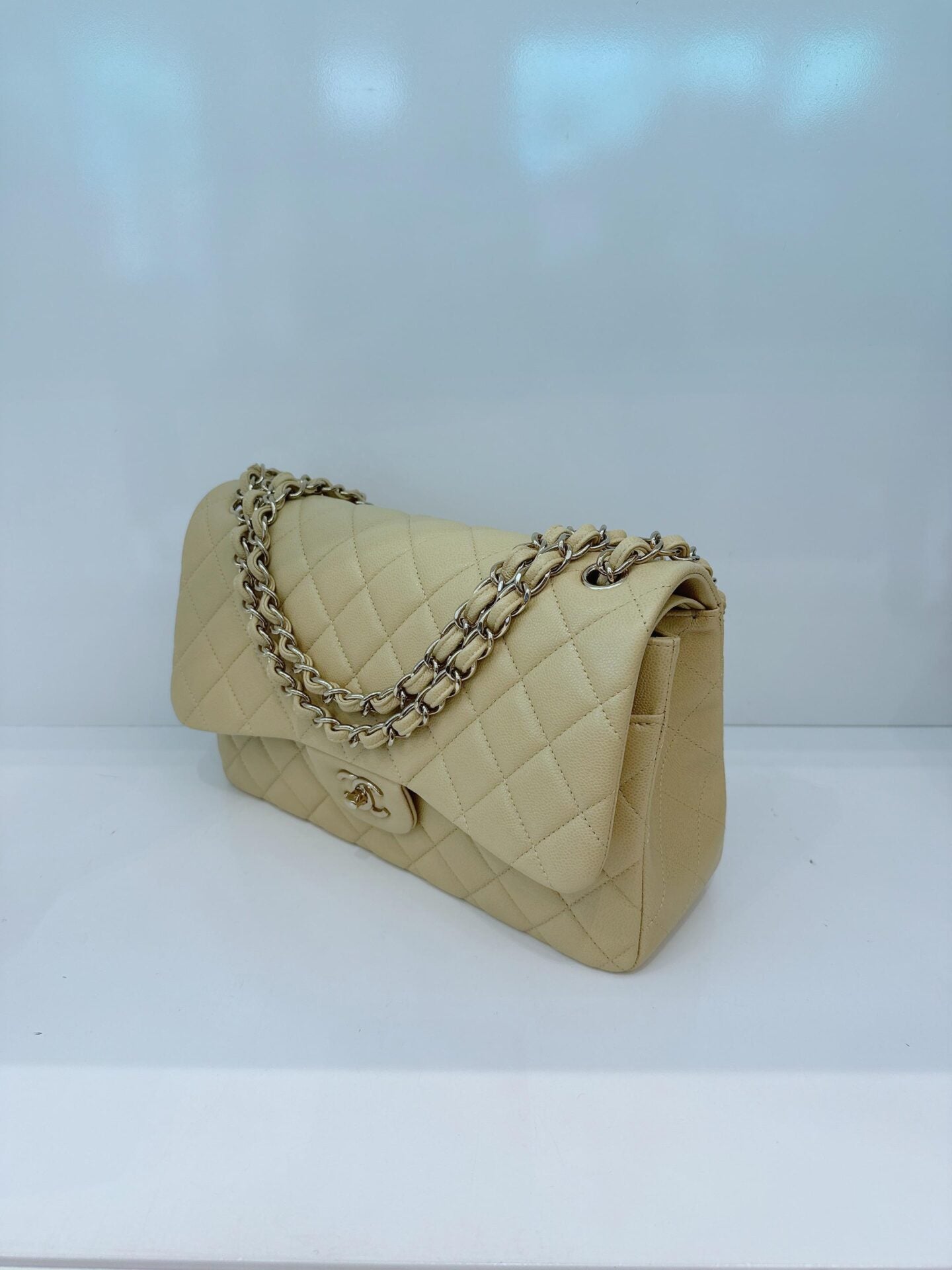 LIGHT GREEN QUILTED CAVIAR LEATHER LARGE CLASSIC DOUBLE FLAP HANDBAG
