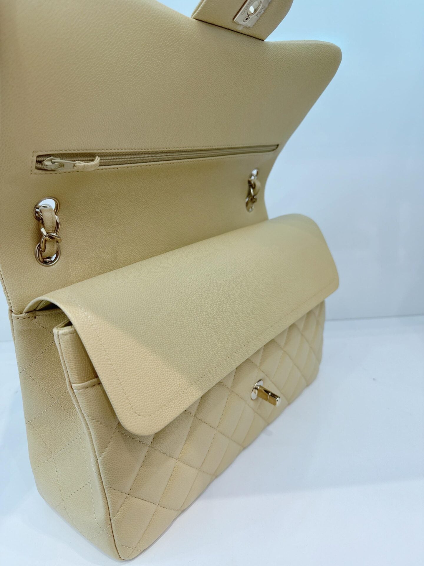 LIGHT GREEN QUILTED CAVIAR LEATHER LARGE CLASSIC DOUBLE FLAP HANDBAG