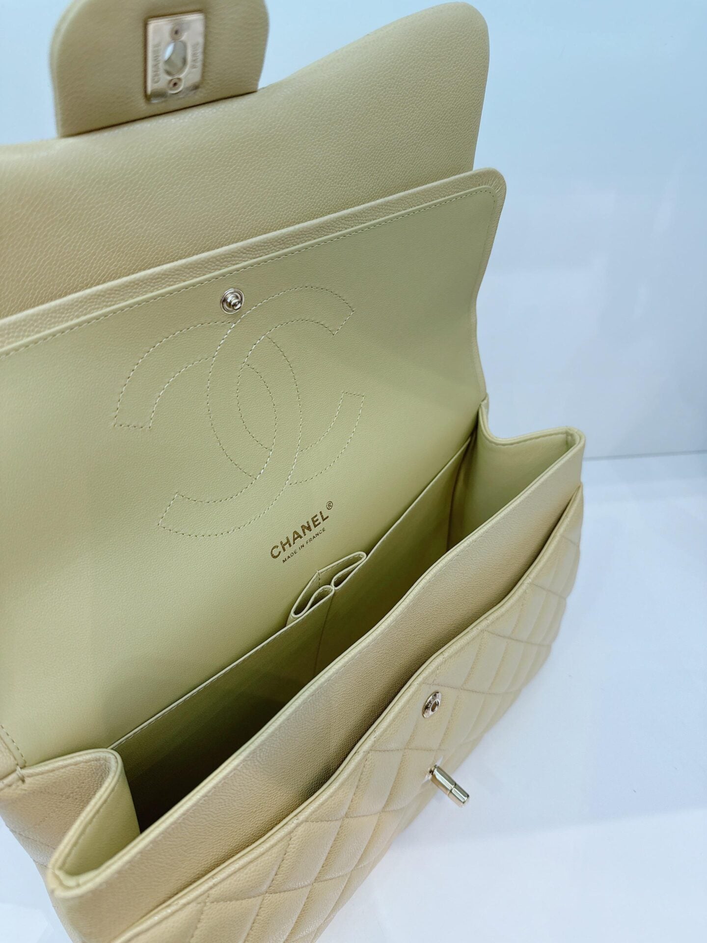 LIGHT GREEN QUILTED CAVIAR LEATHER LARGE CLASSIC DOUBLE FLAP HANDBAG
