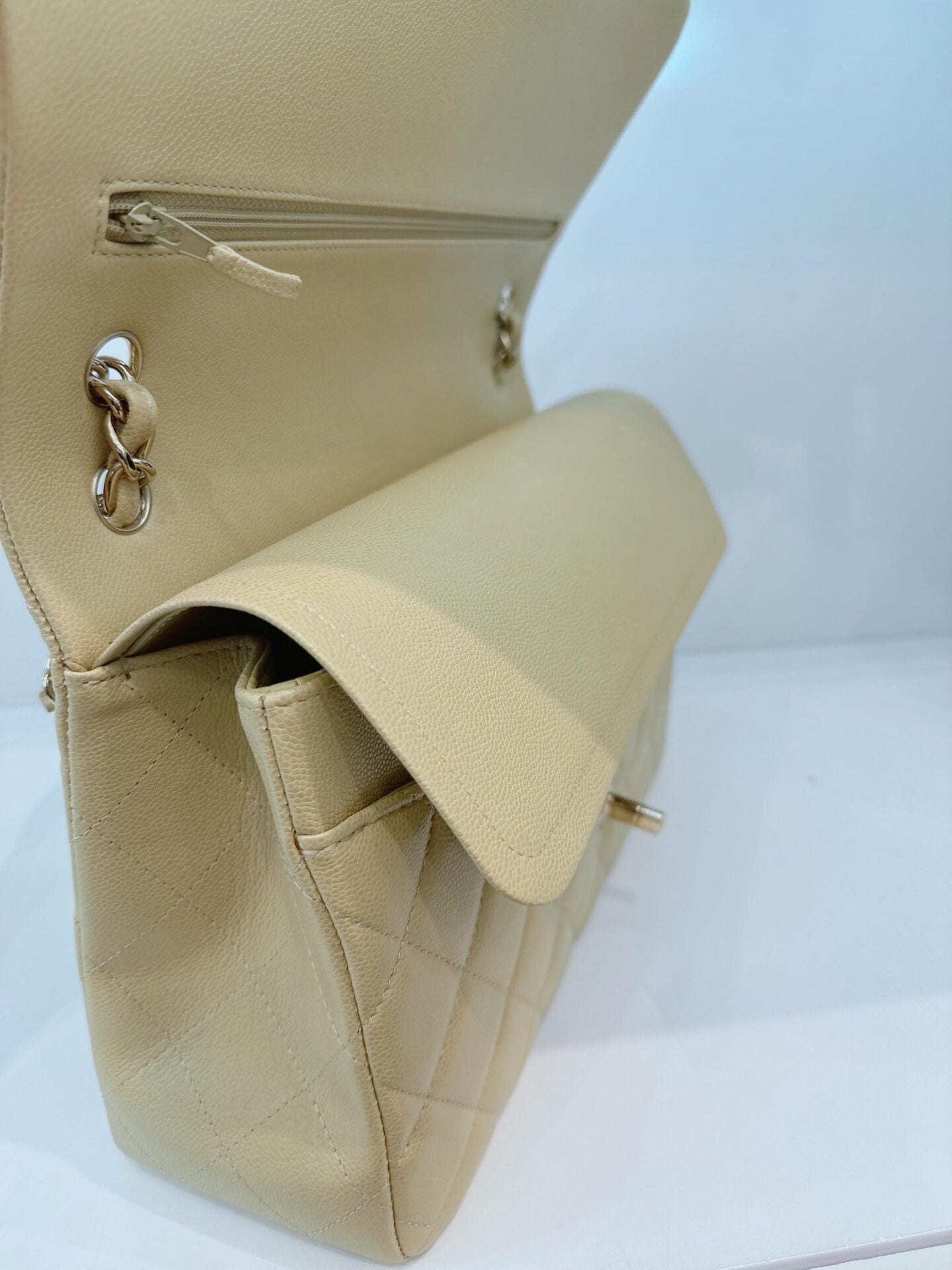 LIGHT GREEN QUILTED CAVIAR LEATHER LARGE CLASSIC DOUBLE FLAP HANDBAG