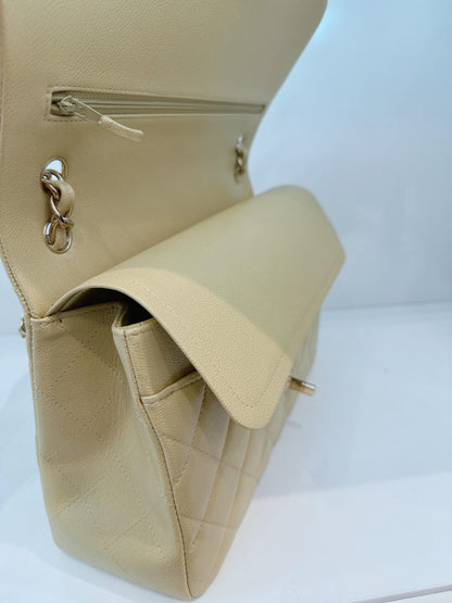 LIGHT GREEN QUILTED CAVIAR LEATHER LARGE CLASSIC DOUBLE FLAP HANDBAG
