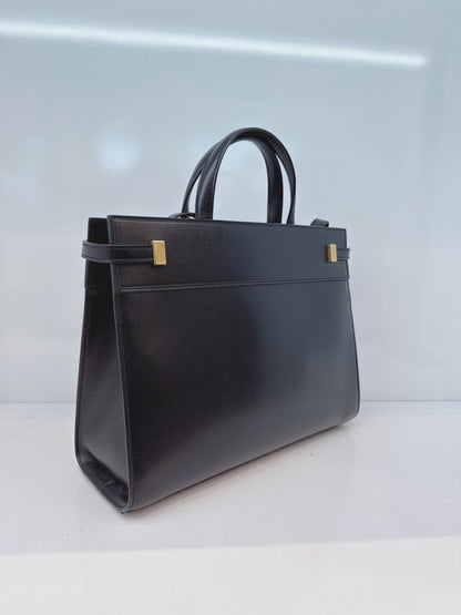 BLACK LEATHER MEDIUM MANHATTAN TOTE BAG